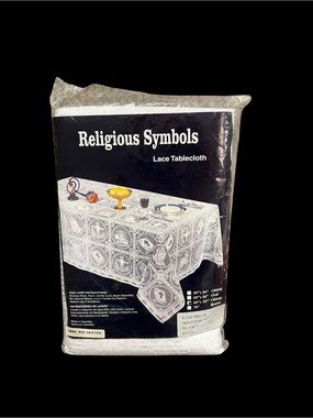 Lace Tablecloth Religious Symbols 60”x107” Oblong White Haclinen-C NEW
